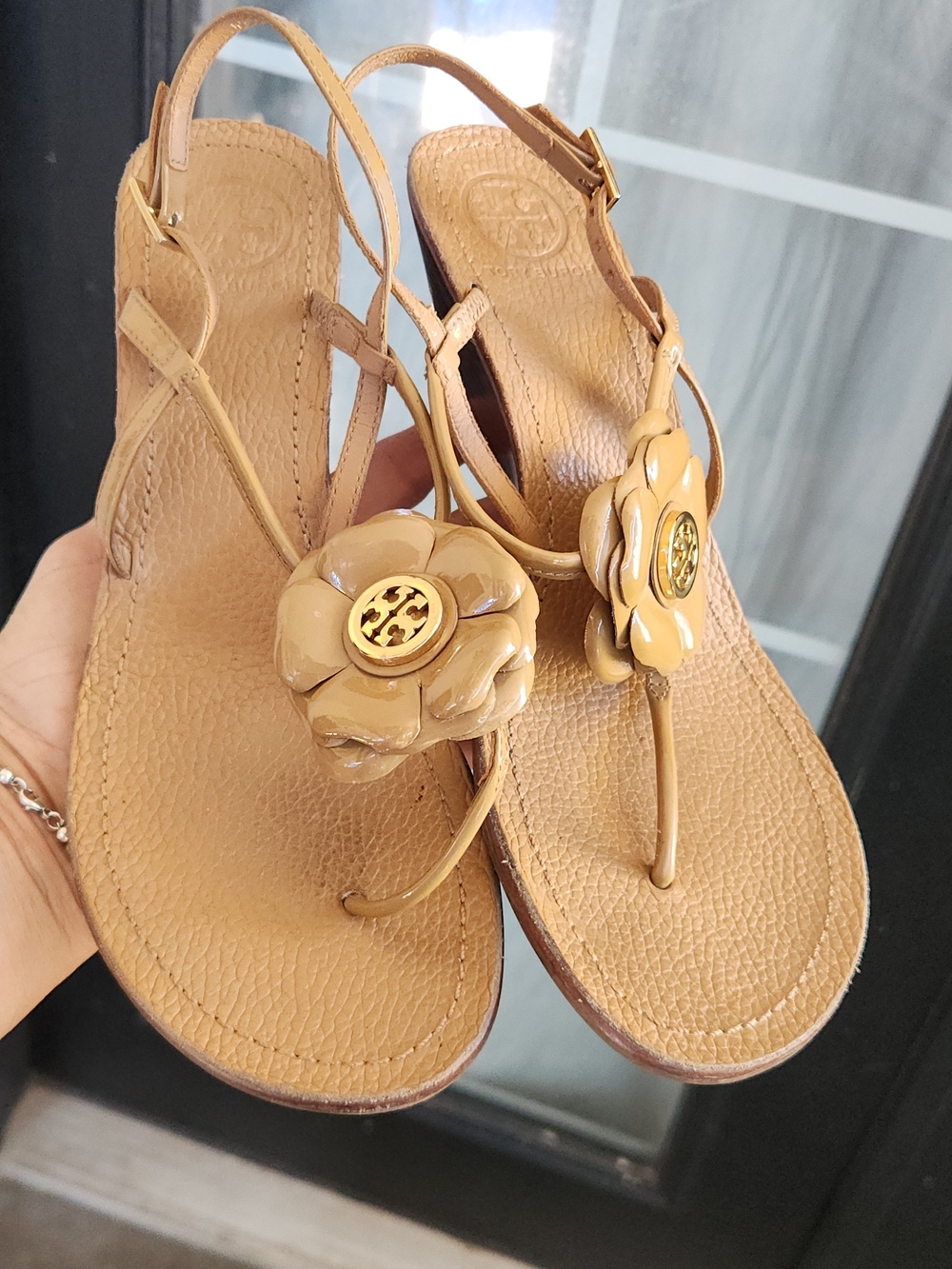 Tory Burch Tan Floral Logo Thong Sandals